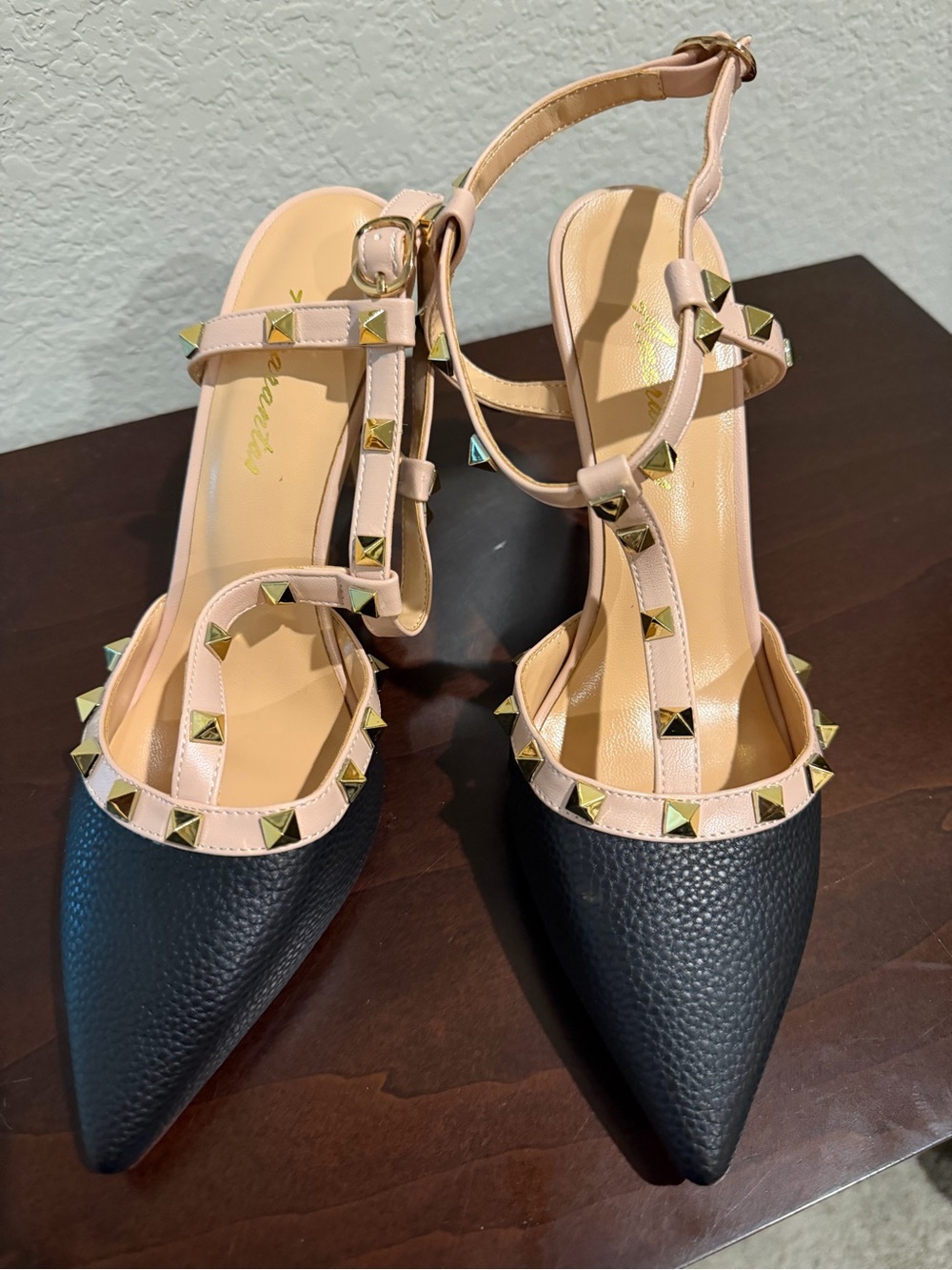 Amazon Black and Nude Studded Pointed Toe T-Strap Flats